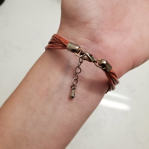 Burnt Orange Faux Leather Strappy Bracelet Gold Preppy Boho Neutral Work Office - Picture 3 of 7
